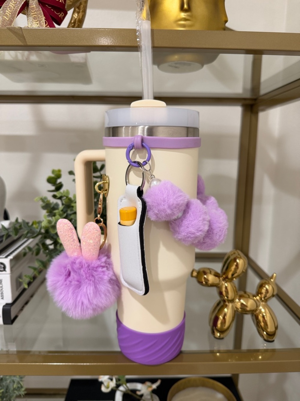 Tumbler with Pom Pom Charms and accessories